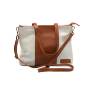 Genuine Leather & Canvas Tote Bag - White Laptop & Tab