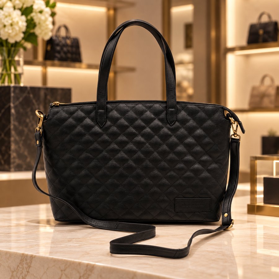 Genuine Leather Tote Bag - Black / Coffee