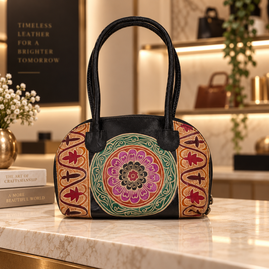 Genuine Leather Top-Handle Bag Hand-Painted - Black