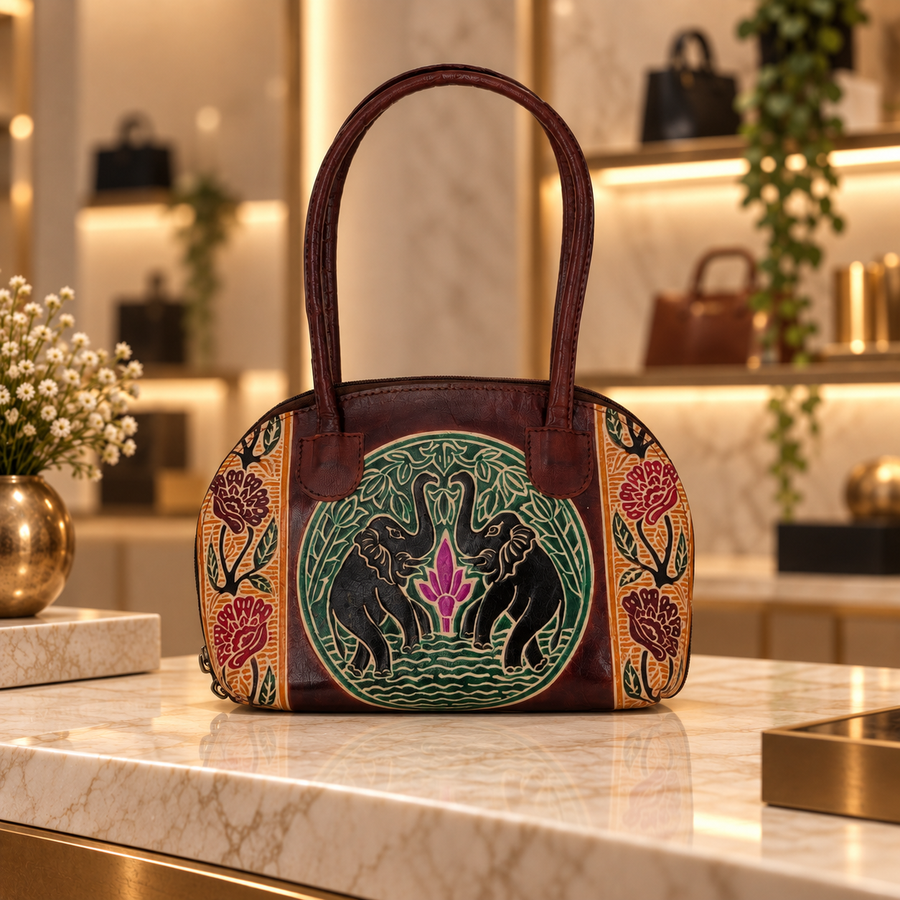 Genuine Leather Top-Handle Bag Hand-Painted - Red