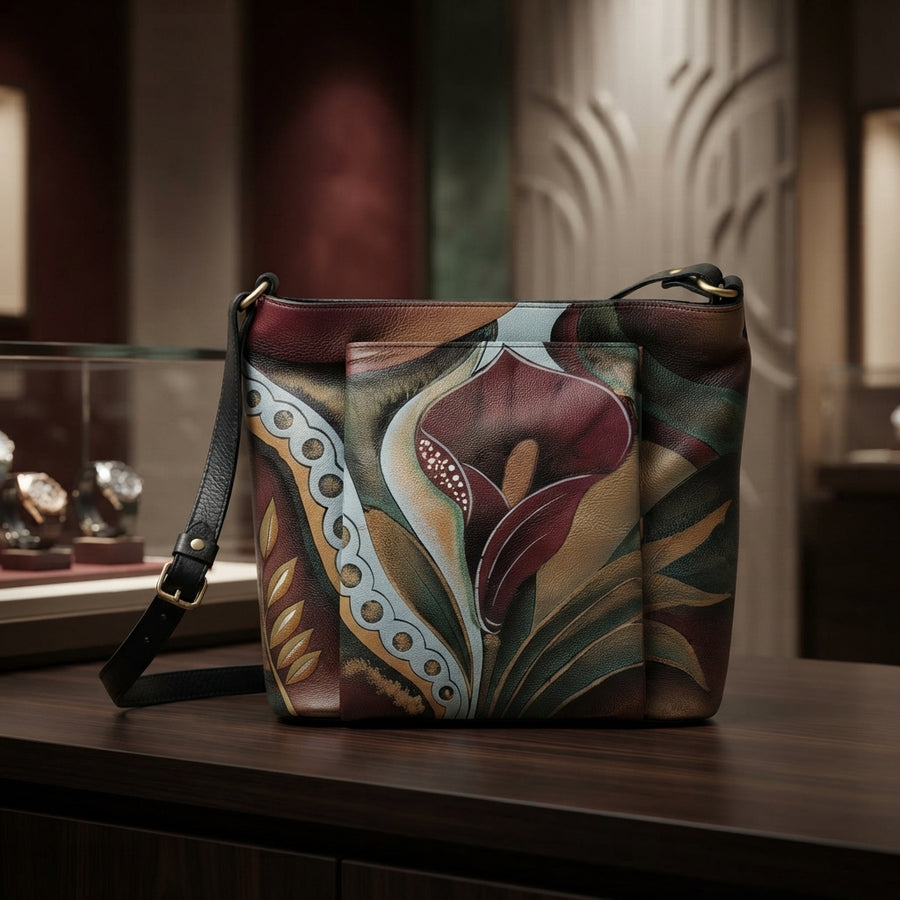 Genuine Leather Crossbody Purse Hand-Painted - Floral