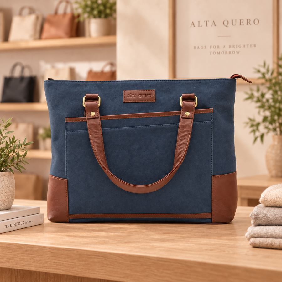 Genuine Leather & Canvas Tote Bag – Navy Brown Laptop & Tab