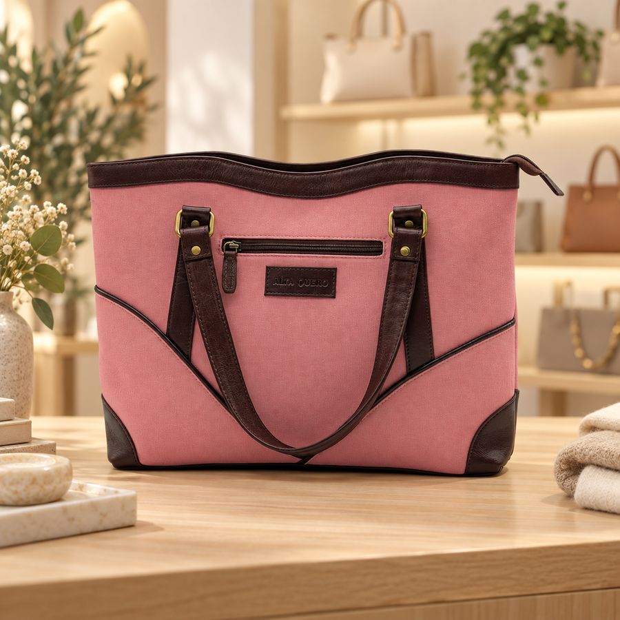 Genuine Leather & Canvas Tote Bag – Pink Brown Laptop & Tab