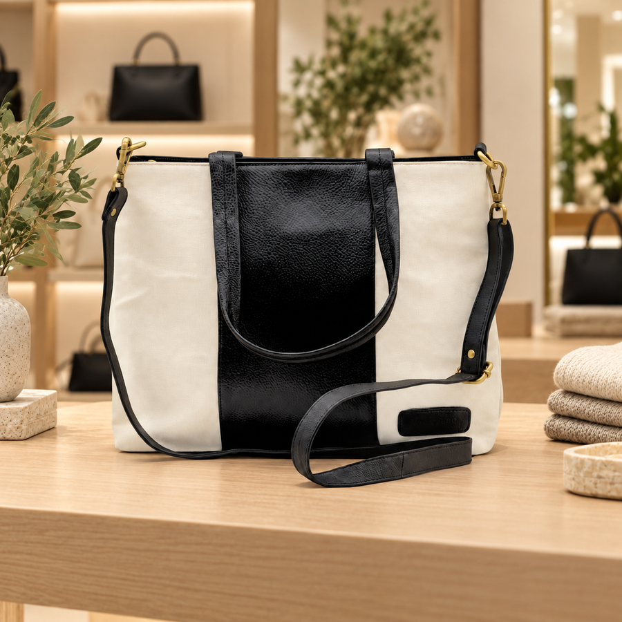 Genuine Leather & Canvas Tote Bag – White Laptop & Tab
