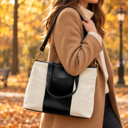 Genuine Leather & Canvas Tote Bag - White Laptop & Tab