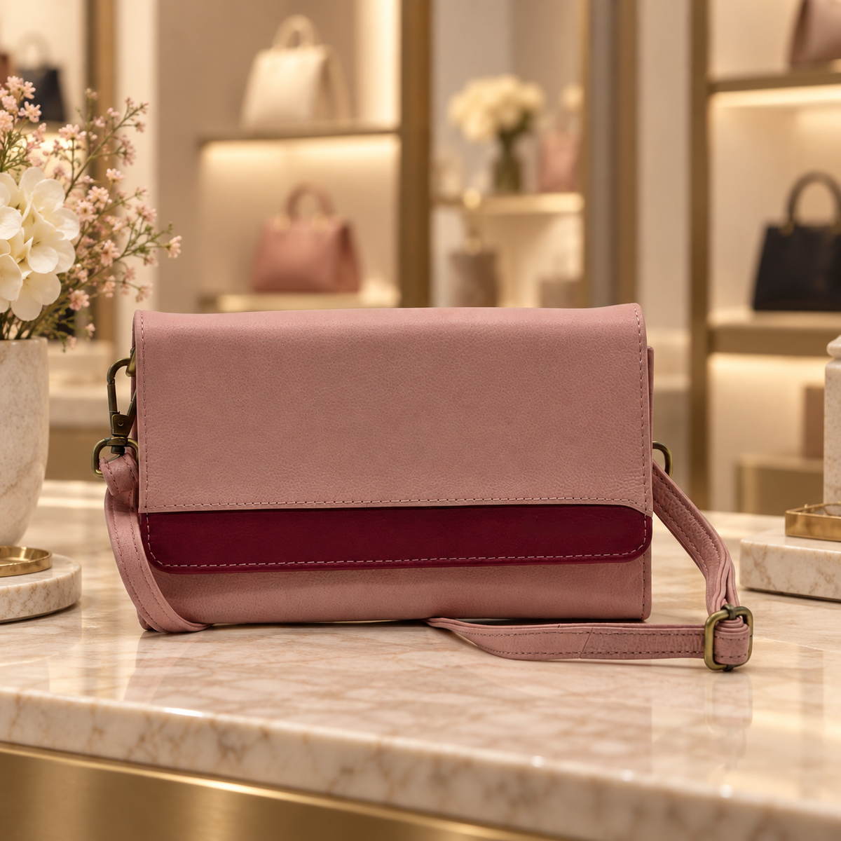 Genuine Leather Crossbody Purse and Wallet - Dual Tone