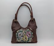 Genuine Leather Top Handle Bag Hand-Painted - Brown