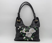 Genuine Leather Top Handle Bag Hand-Painted - Black