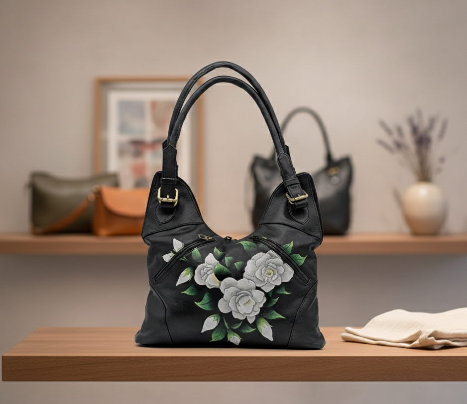 Genuine Leather Top Handle Bag Hand-Painted - Black