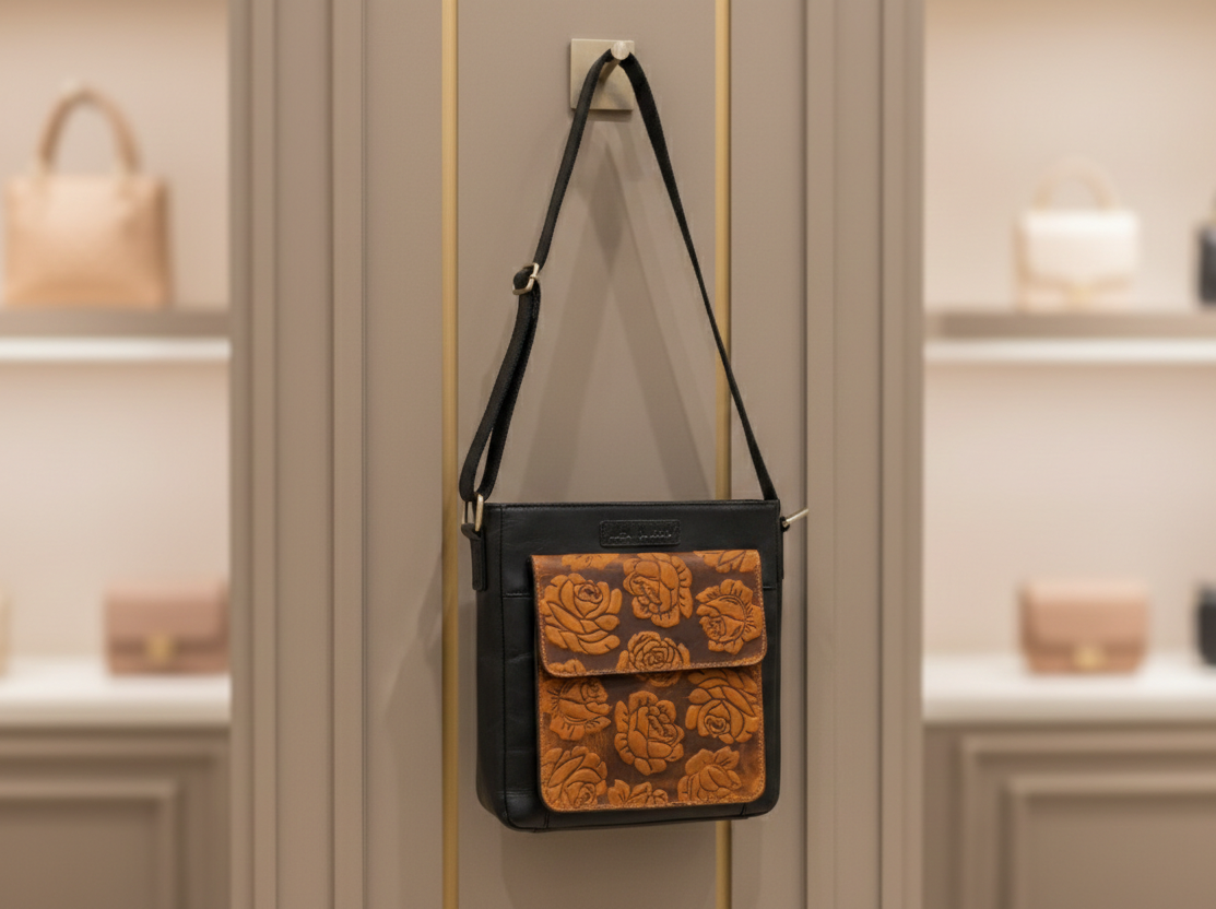 Genuine Leather Crossbody Purse Embossed - Brown (Rose)