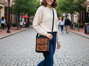 Genuine Leather Crossbody Purse Embossed - Brown (Rose)