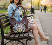 Genuine Leather Top Handle Bag Hand-Painted - Brown