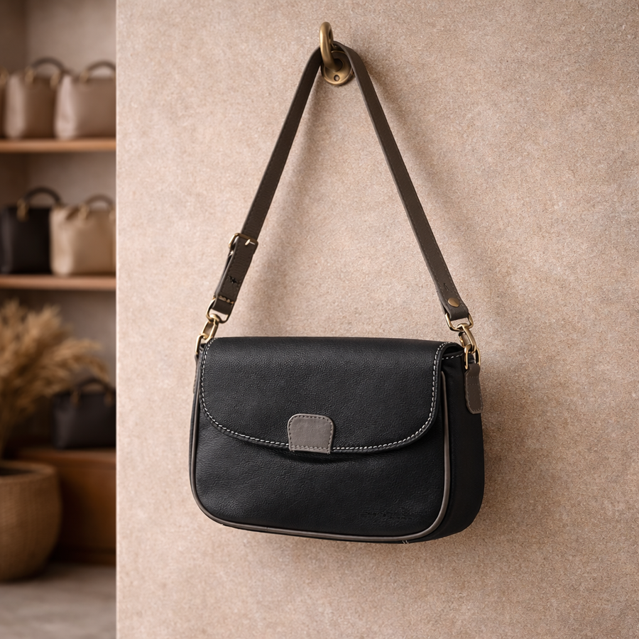 Genuine Leather Crossbody Purse – Black and Grey