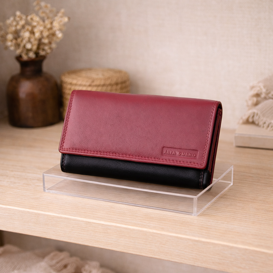 Genuine Leather RFID Trifold Wallet – Black Red
