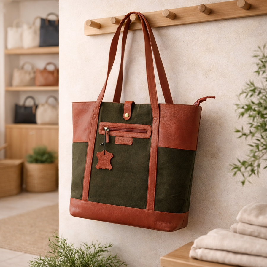 Genuine Leather & Canvas Tote Bag – Green Brown Laptop & Tab
