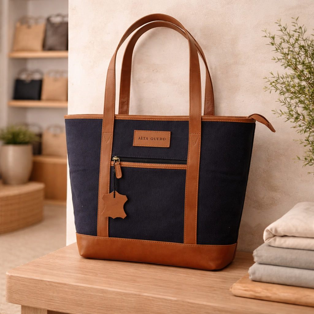 Genuine Leather & Canvas Tote Bag – Blue Brown Laptop & Tab