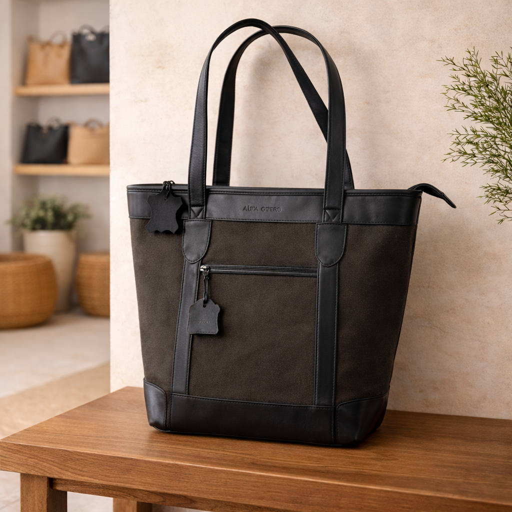 Genuine Leather & Canvas Tote Bag – Black Brown Laptop & Tab