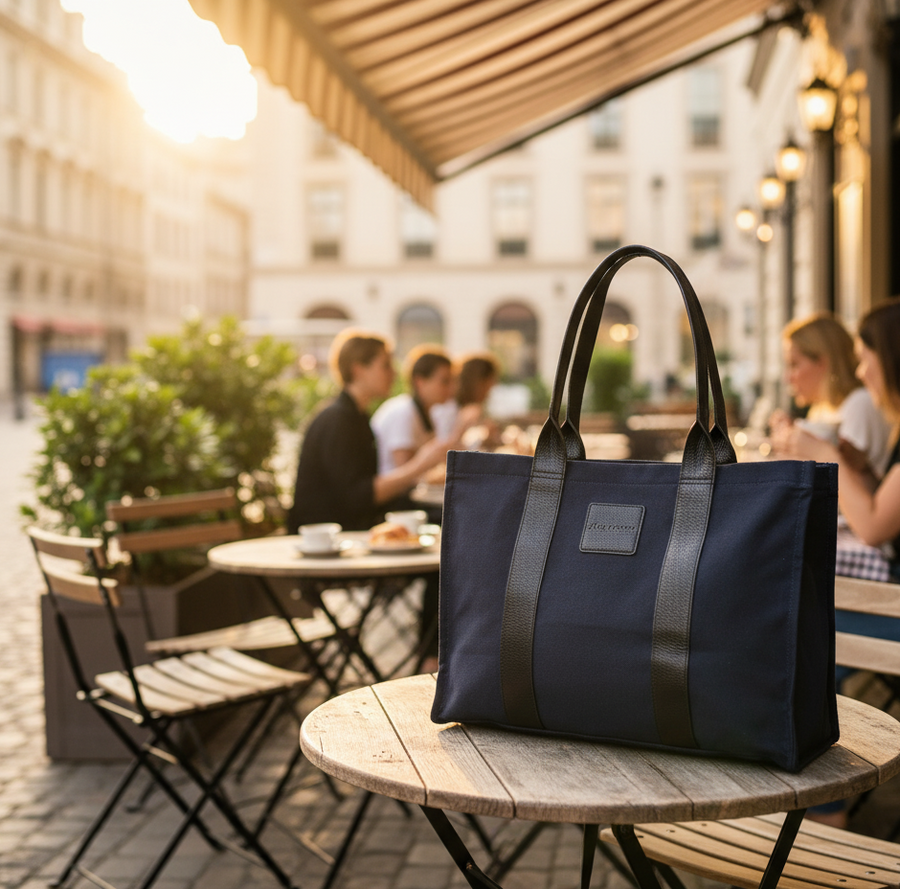 Genuine Leather& Canvas Tote Bag – Black & Blue