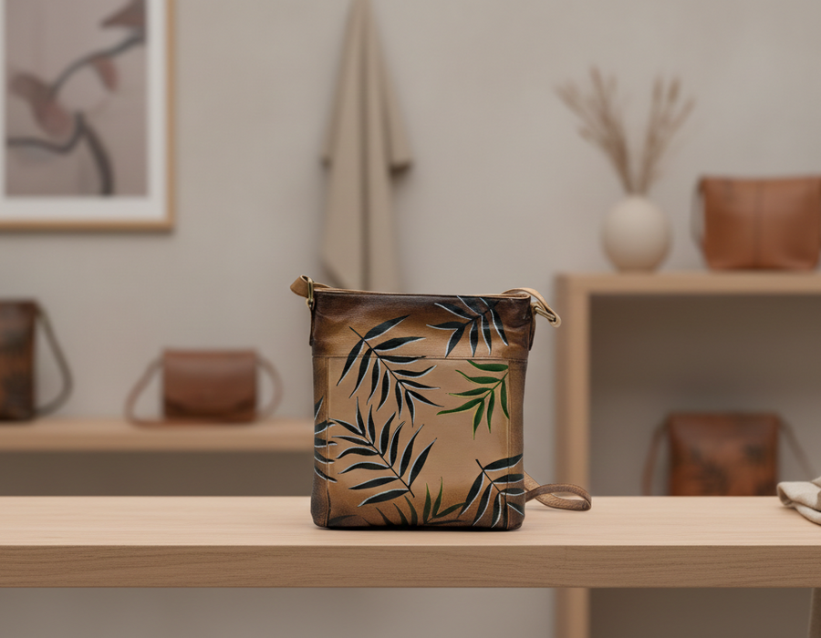Genuine Leather Crossbody Purse Hand-Painted - Leaf