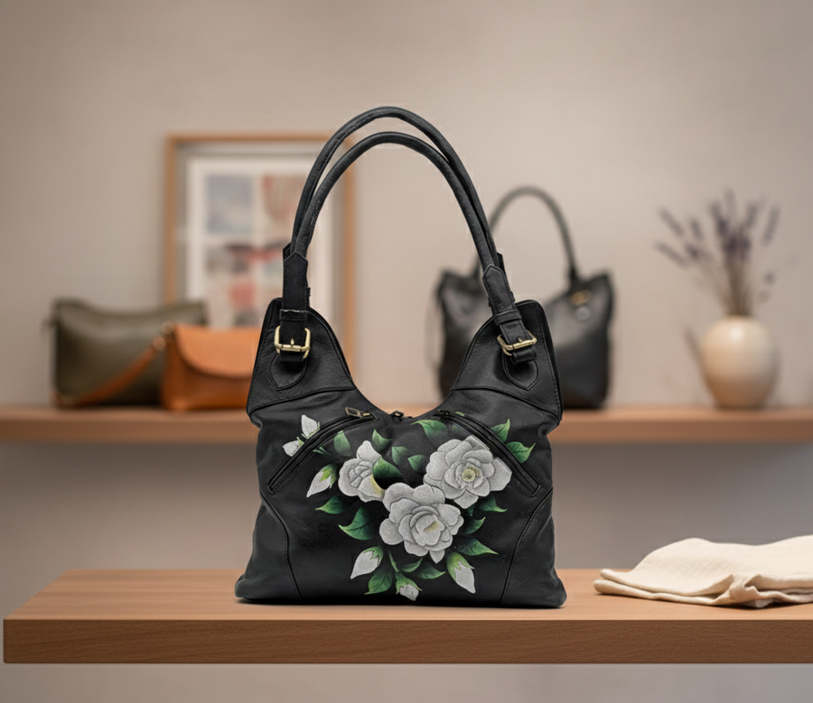 Genuine Leather Top Handle Bag Hand-Painted – Black