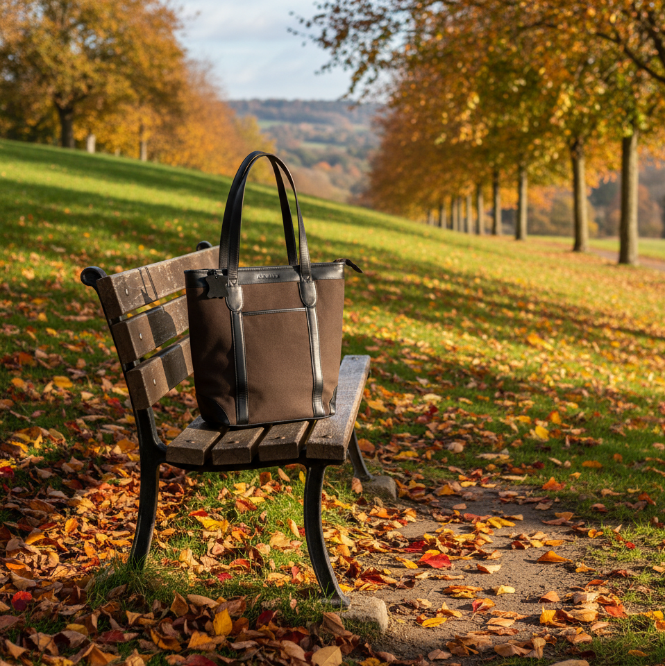 Genuine Leather & Canvas Tote Bag – Black Brown Laptop & Tab