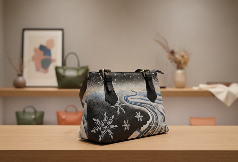 Genuine Leather Top Handle Hand-Painted Purse – Black Snow