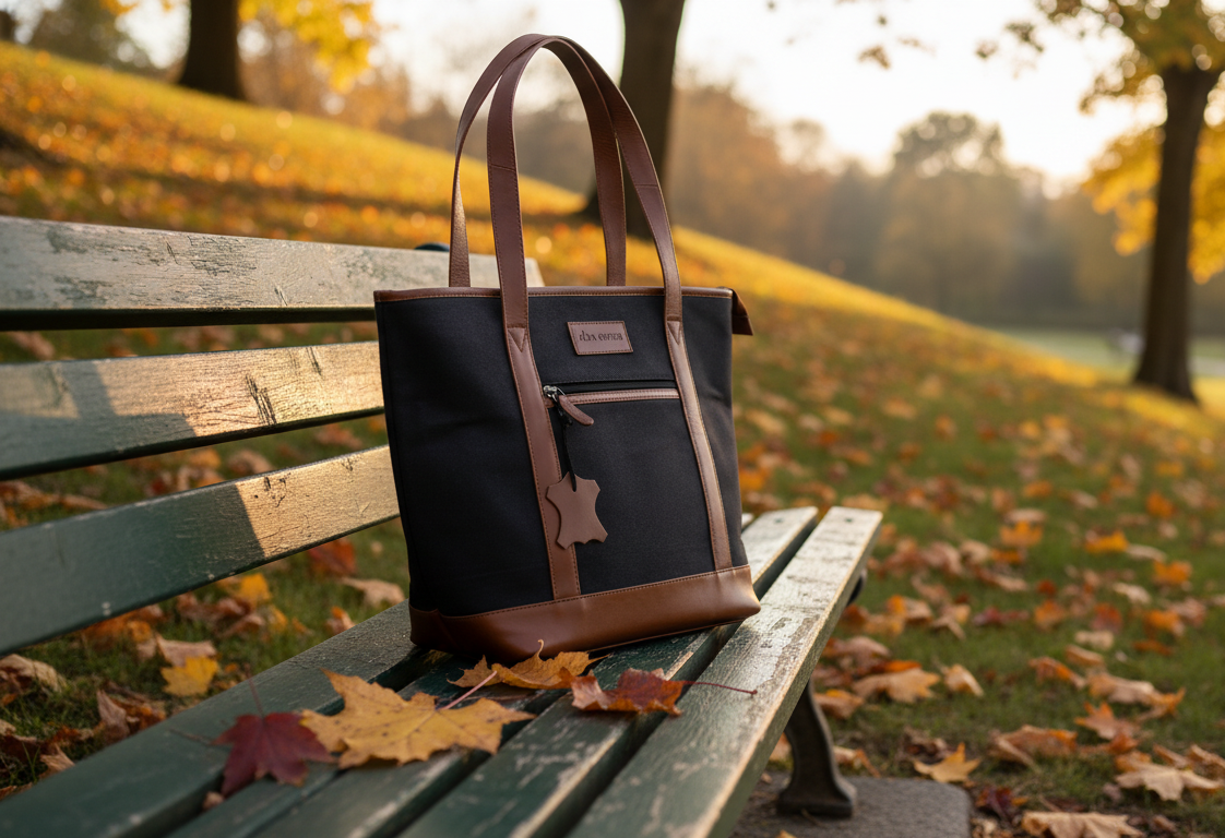 Genuine Leather & Canvas Tote Bag – Blue Brown Laptop & Tab