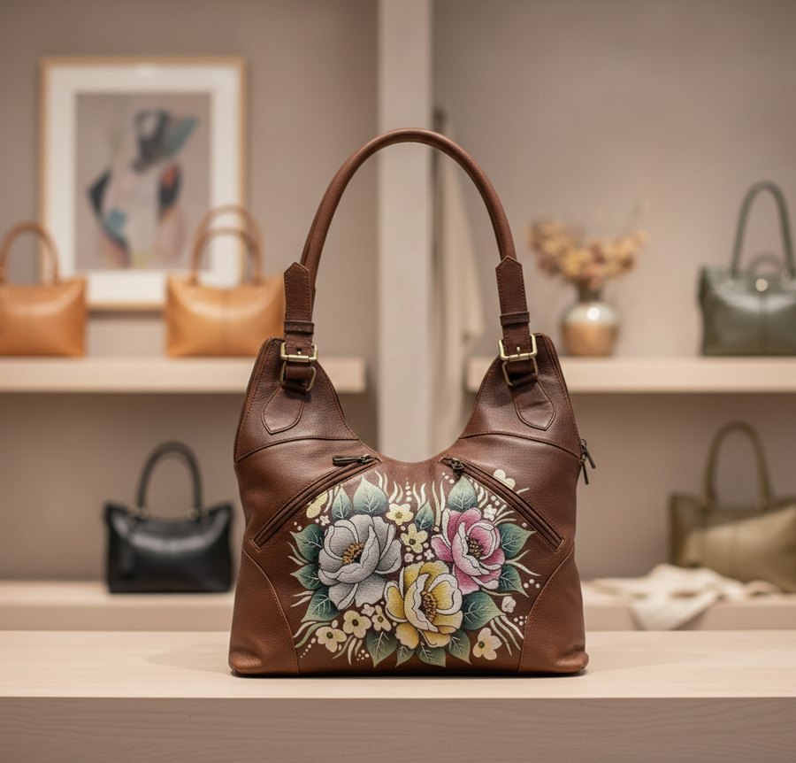 Genuine Leather Top Handle Bag Hand-Painted – Brown
