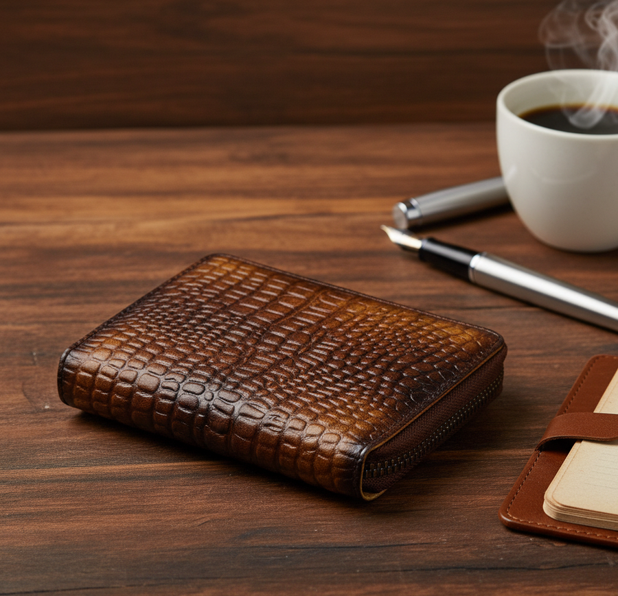 Genuine Leather Wallet RFID – (Tan / Brown Croco) Dual-Tone