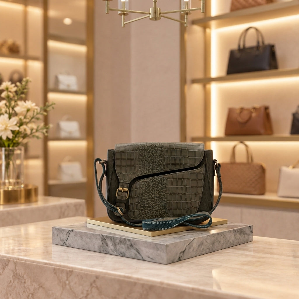 Genuine Leather Crossbody Purse Croco – Olive Green
