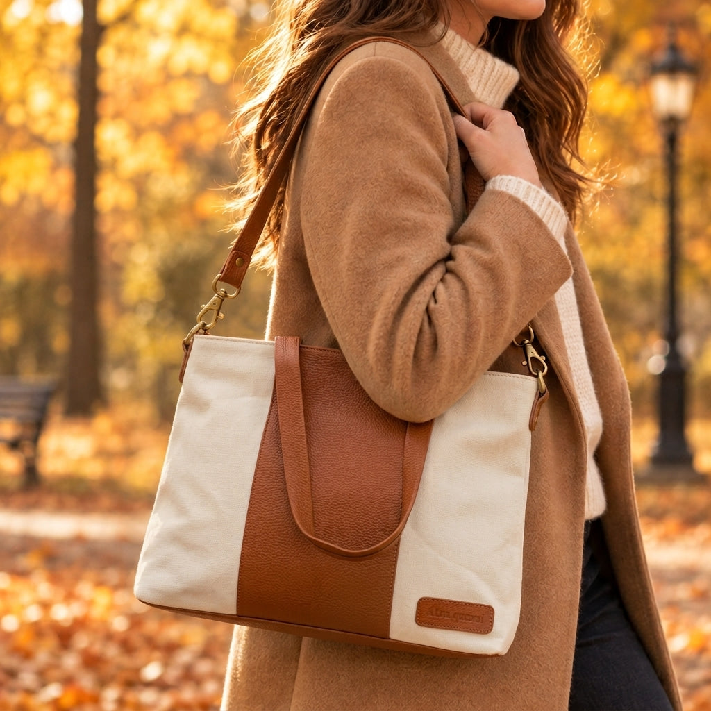 Genuine Leather & Canvas Tote Bag - White Laptop & Tab
